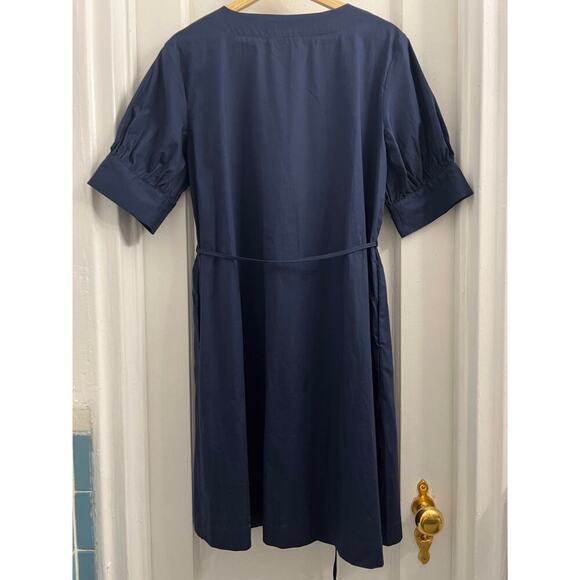 HALSTON H 3/4 Sleeve Banded Wrap Shirt Dress Navy Cotton, XS - Picture 3 of 8